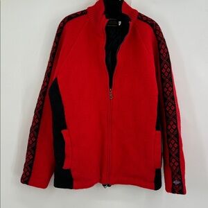 Norsk Wear Full Zip Sweater Mens Med Red Black Lined 100% Wool Fair Isle Trim